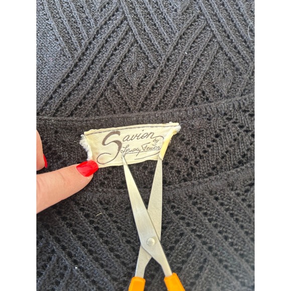 Vintage Savion Open Knit Midi Dress Sheer Center Puff Shoulder Black Size Large - Picture 7 of 7